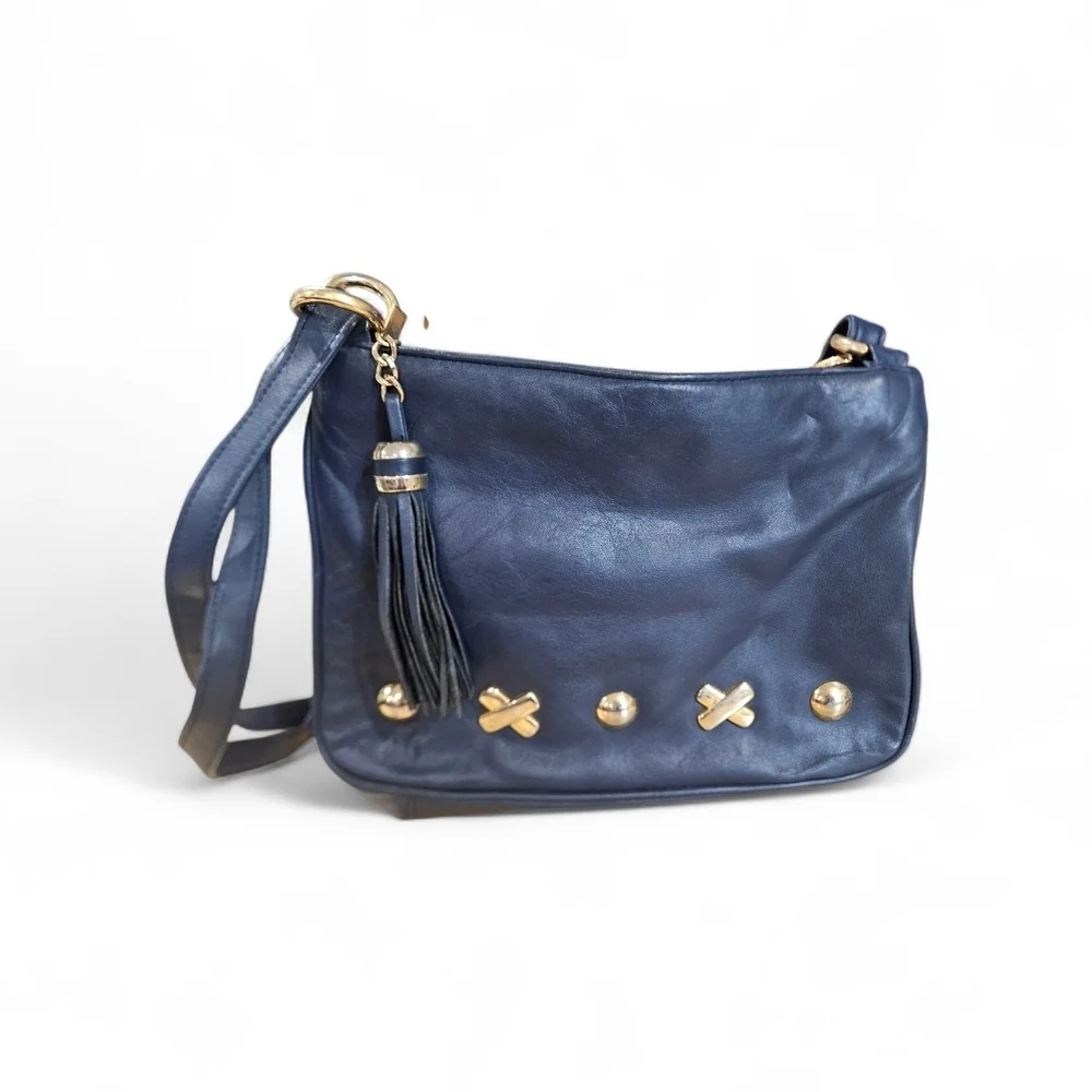 Vintage FIRST EDITION Navy Leather Crossbody Bag Gold Hardware Tassel.